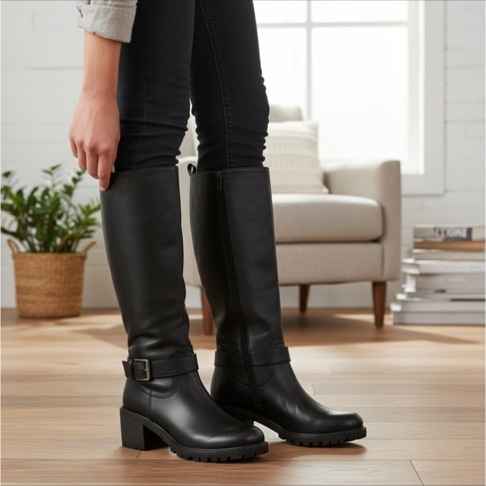Zodiac Modern Western Moto Knee Height Tall Boots SZ 7 M REGULAR Calf BLACK